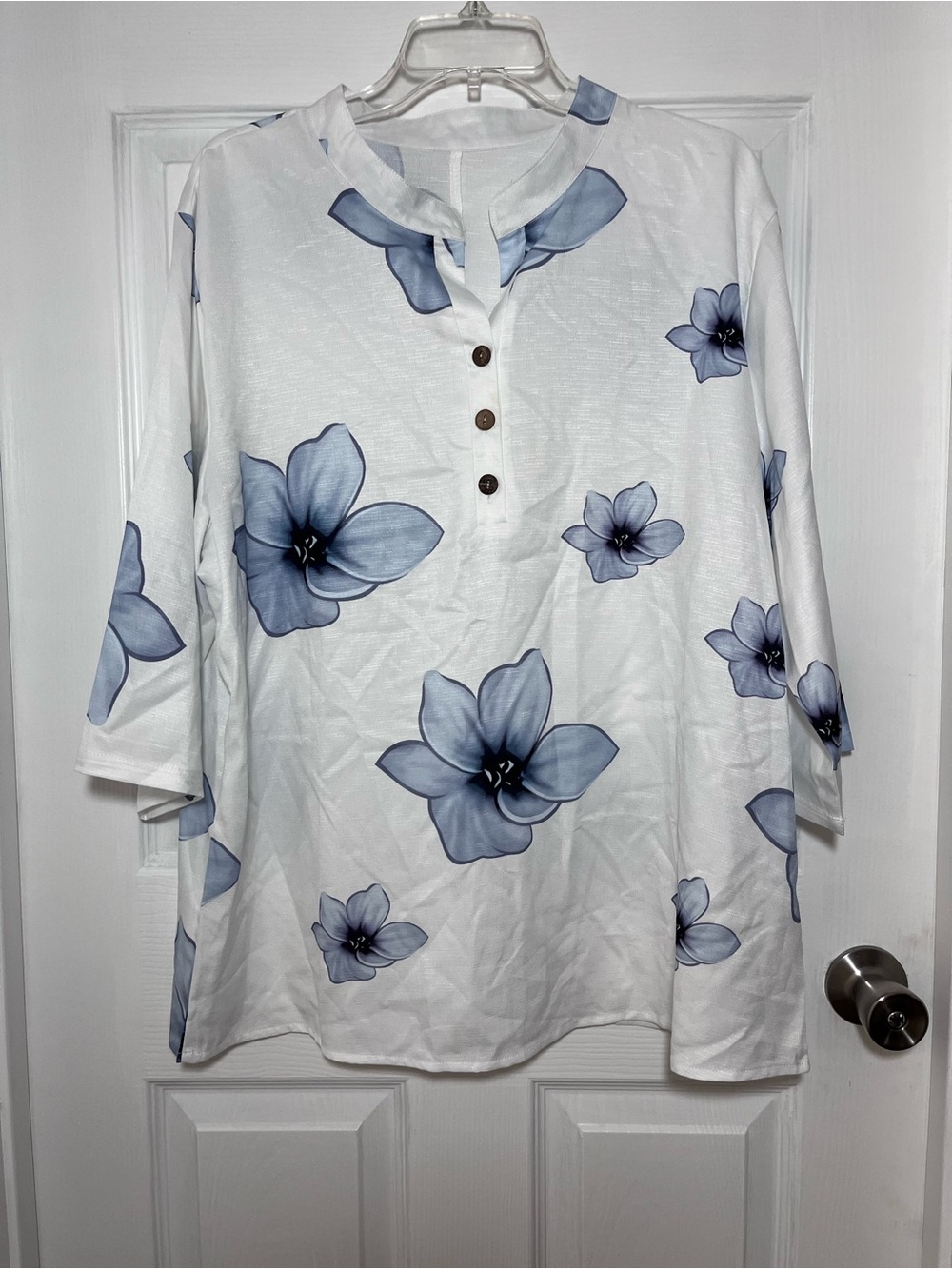 Women's White Floral Pull Over - Henley Style Blue Flower Print Blouse